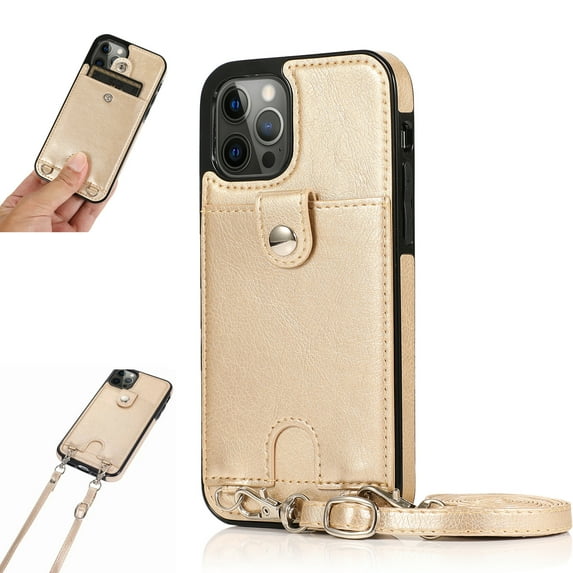 Crossbody Phone Case for iPhone 13 Pro Max(6.7") 2021, Allytech PU Leather Back Card Holder Detachable Lanyard Adjustable Strap Drop Protection Purse Slim Bag Case for iPhone 13 Pro Max 2021, Gold