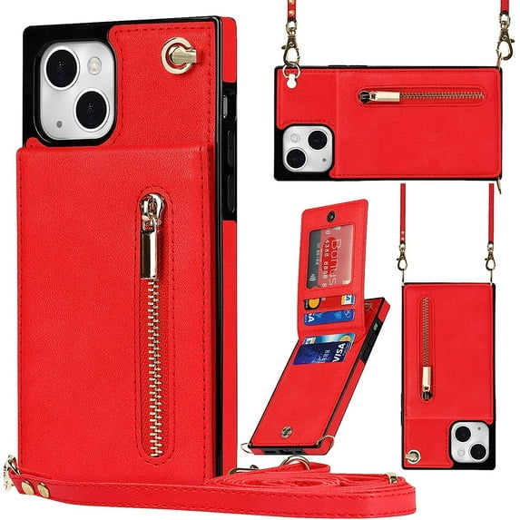 Crossbody Phone Case for iPhone 14 Case with Card Holder for Women,iPhone 14 Case Wallet with Strap Lanyard for Men,PU Leather Magnetic Clasp with Kickstand 6.1", Red