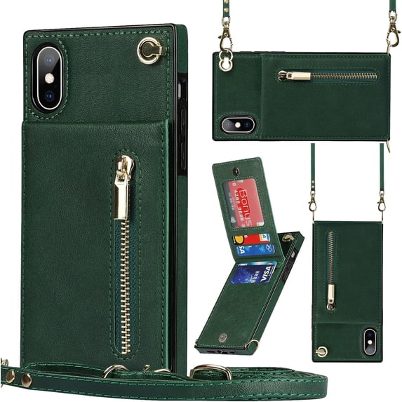 Crossbody Phone Case for iPhone Xs/X Case with Card Holder for Women,iPhone Xs Case Wallet with Strap Lanyard for Men,PU Leather Magnetic Clasp with Kickstand 5.8",Green