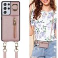 thumbnail image 1 of Crossbody Phone Cases for Samsung Galaxy S21 Ultra with Strap,Samsung Galaxy S21 Ultra Case with Card Holder for Women,[360° Rotatable Ring Holder] Wallet Leather PU Magnetic Clasp,6.8" Pink, 1 of 14