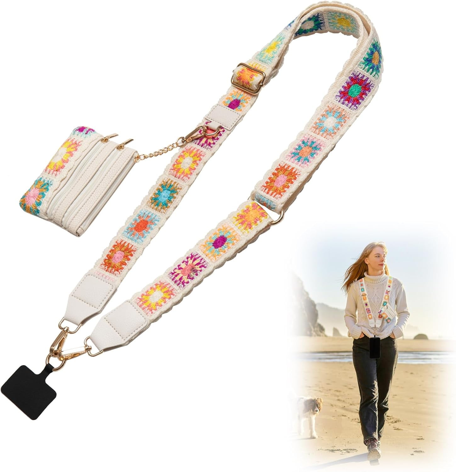 Crossbody Phone Strap with Zippered Pouch,Clip and Go Strap for Phone with Wallet,Adjustable Phone Lanyard Wrist Strap