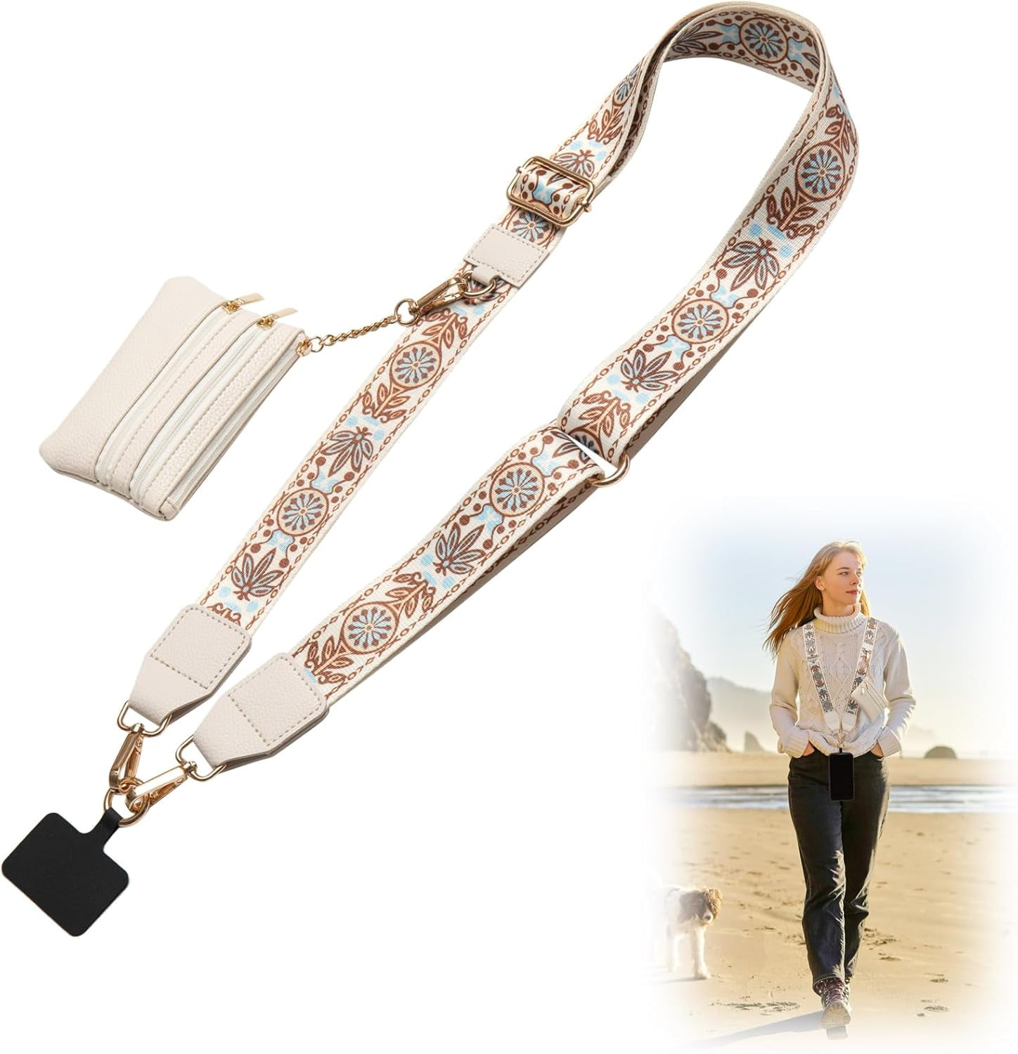 Crossbody Phone Strap with Zippered Pouch,Clip and Go Strap for Phone with Wallet,Adjustable Phone Lanyard Wrist Strap