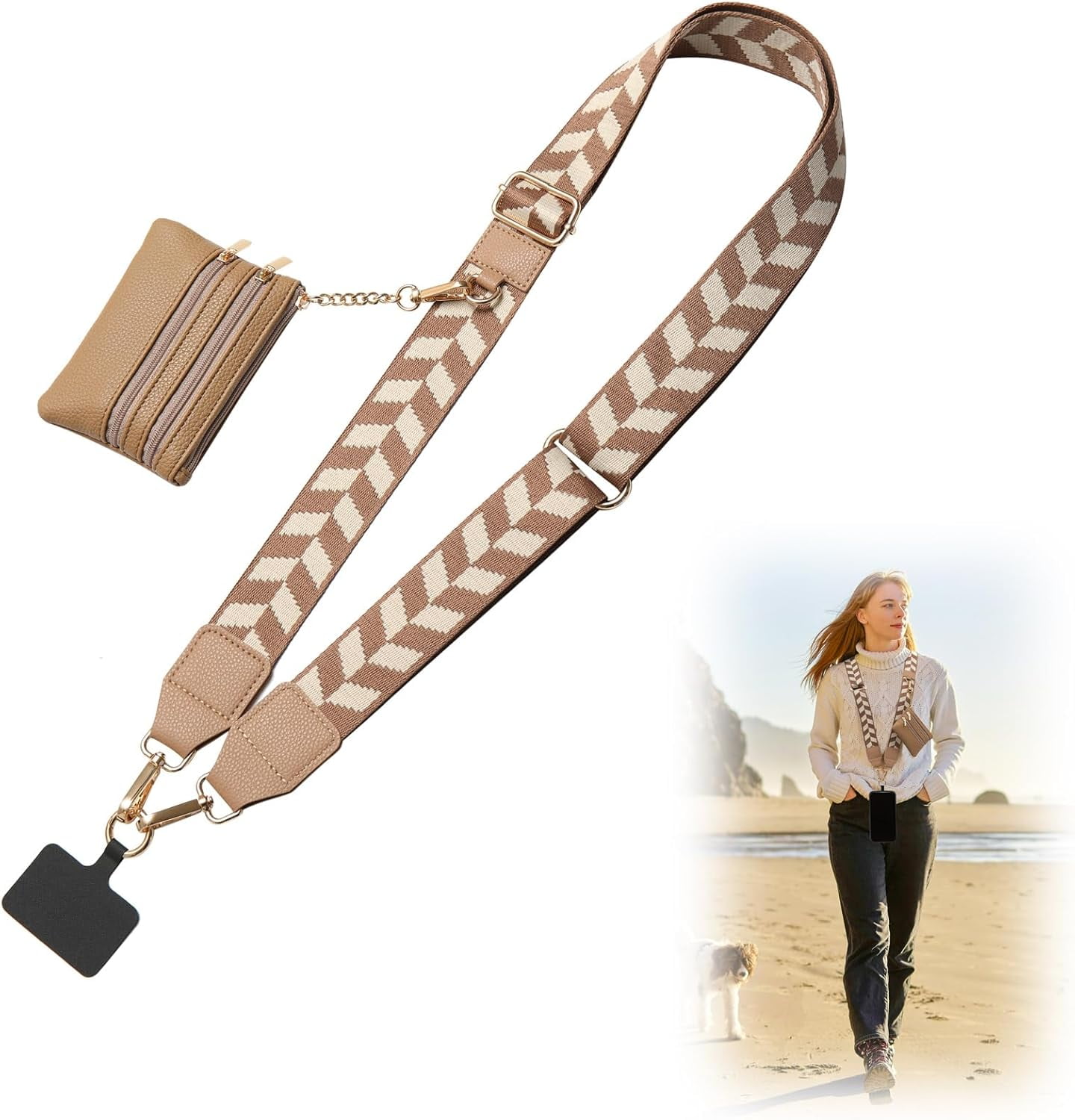 Crossbody Phone Strap with Zippered Pouch,Clip and Go Strap for Phone with Wallet,Adjustable Phone Lanyard Wrist Strap