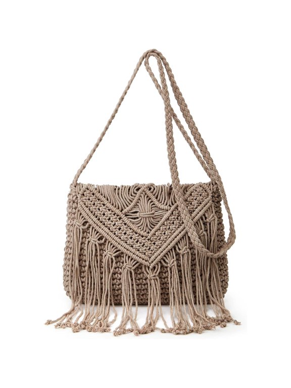 Crossbody Purse for Women Cute Macrame Hobo Satchel Bags Knit Summer Beach Bag Tassels Shoulder Crochet Tote Handbag,Grey