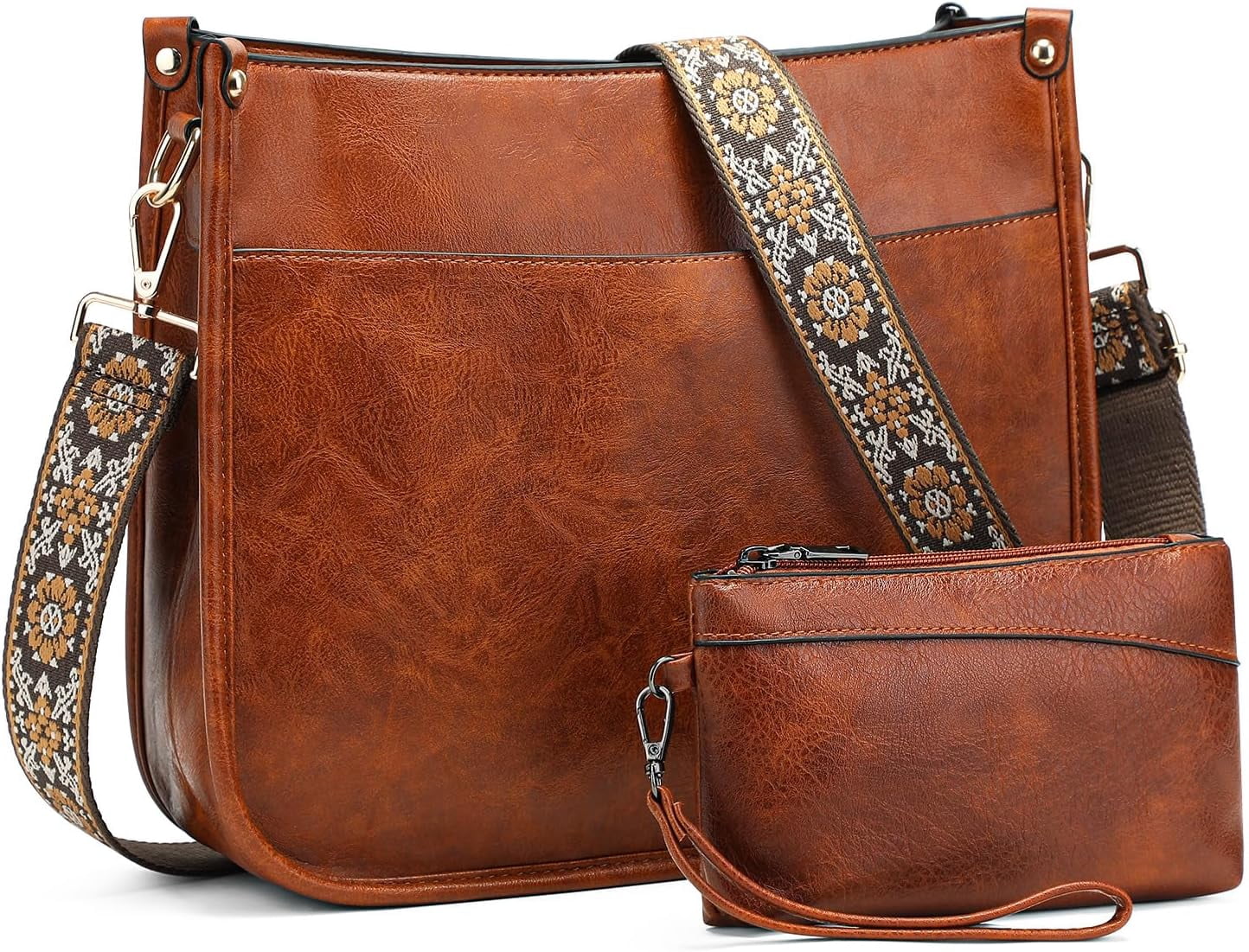 Crossbody Purse for Women Trendy Vegan Leather Hobo Bags for Women Handbags and Wallet 2PCS With Guitar Shoulder Strap