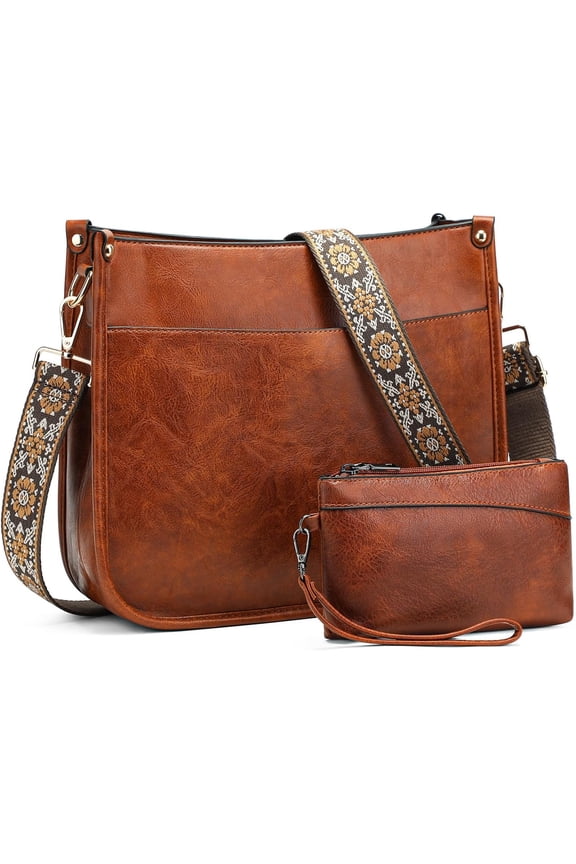 Crossbody Purse for Women Trendy Vegan Leather Hobo Bags for Women Handbags and Wallet 2PCS With Guitar Shoulder Strap