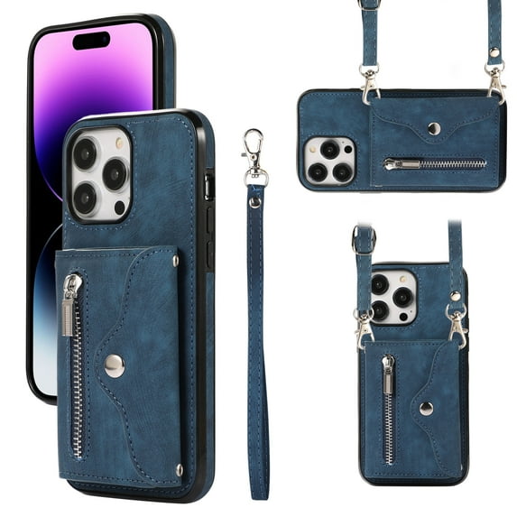 Crossbody RFID BLOCKING Wallet Case for iPhone 15 Pro with Card Holder, Zipper Pocket Kickstand Function Shockproof Purse Phone Cover with Removable Shoulder Strap & Wrist Strap, Blue