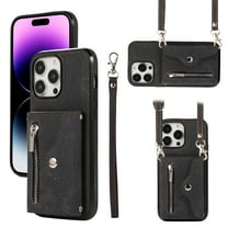 Crossbody RFID BLOCKING Wallet Case for iPhone 15 Pro with Card Holder, Zipper Pocket Kickstand Function Shockproof Purse Phone Cover with Removable Shoulder Strap & Wrist Strap, Black