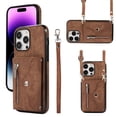 thumbnail image 1 of Crossbody RFID BLOCKING Wallet Case for iPhone 15 Pro with Card Holder, Zipper Pocket Kickstand Function Shockproof Purse Phone Cover with Removable Shoulder Strap & Wrist Strap, Brown, 1 of 11