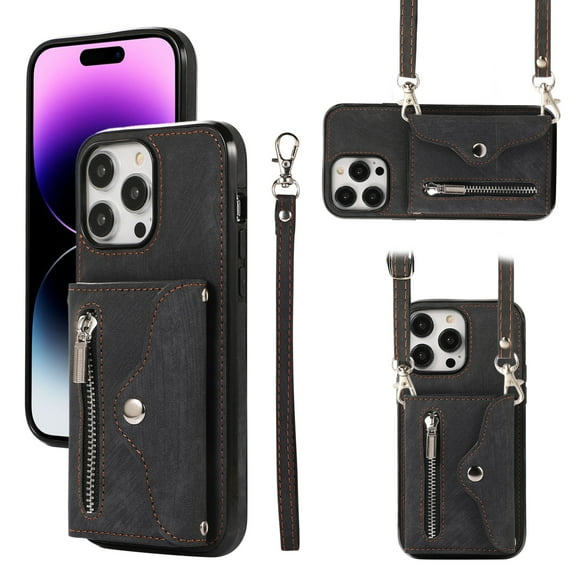 Crossbody RFID BLOCKING Wallet Case for iPhone 15 Pro Max with Card Holder, Zipper Pocket Kickstand Function Shockproof Purse Phone Cover with Removable Shoulder Strap & Wrist Strap, Black