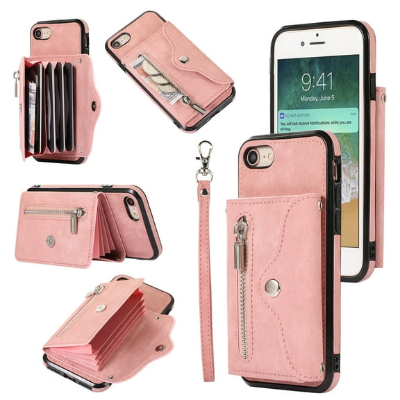 Crossbody RFID BLOCKING Wallet Case for iPhone 7/8/SE 2022 2020 with Card Holder, Zipper Pocket Kickstand Function Shockproof Purse Phone Cover with Removable Shoulder Strap & Wrist Strap, Rosegold