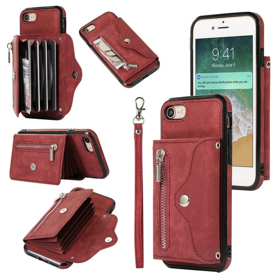 Crossbody RFID BLOCKING Wallet Case for iPhone 7/8/SE 2022 2020 with Card Holder, Zipper Pocket Kickstand Function Shockproof Purse Phone Cover with Removable Shoulder Strap & Wrist Strap, Red