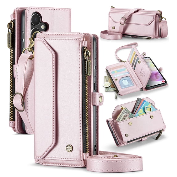 Crossbody for Samsung Galaxy A14 5G Case Wallet【RFID Blocking】with 10-Card Holder Zipper Bills Slot, Soft PU Leather Magnetic Shoulder Wrist Strap for Galaxy A14 5G Wallet Case Women, Pink