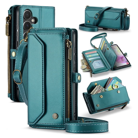 Crossbody for Samsung Galaxy A14 5G Case Wallet【RFID Blocking】with 10-Card Holder Zipper Bills Slot, Soft PU Leather Magnetic Shoulder Wrist Strap for Galaxy A14 5G Wallet Case Women, Green