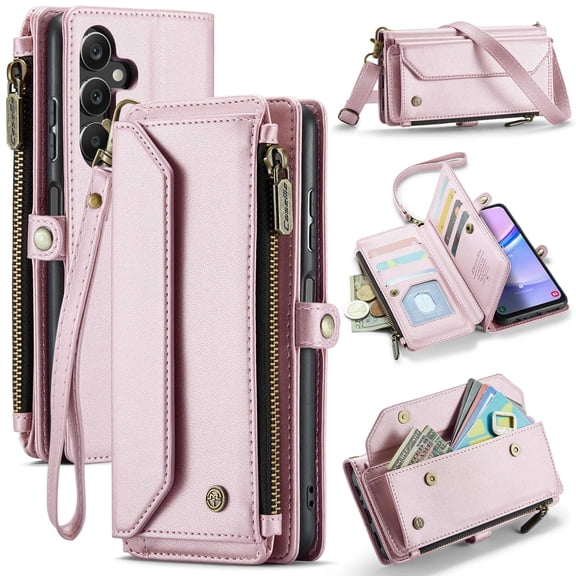 Crossbody for Samsung Galaxy A15 Case Wallet【RFID Blocking】with 10-Card Holder Zipper Bills Slot, Soft PU Leather Magnetic Shoulder Wrist Strap for Samsung Galaxy A15 Wallet Case Women