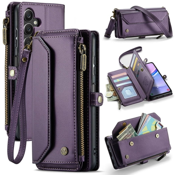 Crossbody for Samsung Galaxy A15 Case Wallet【RFID Blocking】with 10-Card Holder Zipper Bills Slot, Soft PU Leather Magnetic Shoulder Wrist Strap for Samsung Galaxy A15 Wallet Case Women