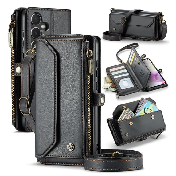 Crossbody for Samsung Galaxy A15 Case Wallet【RFID Blocking】with 10-Card Holder Zipper Bills Slot, Soft PU Leather Magnetic Shoulder Wrist Strap for Galaxy A15 Wallet Case Women, Black