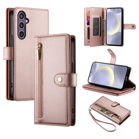 Crossbody for Samsung Galaxy A15 Phone Case Wallet with Card Slots Zipper Pocket, PU Leather Magnetic Lanyard Wrist Strap Purse Cover with Flip Stand for Samsung Galaxy A15 Women Girls, Pink
