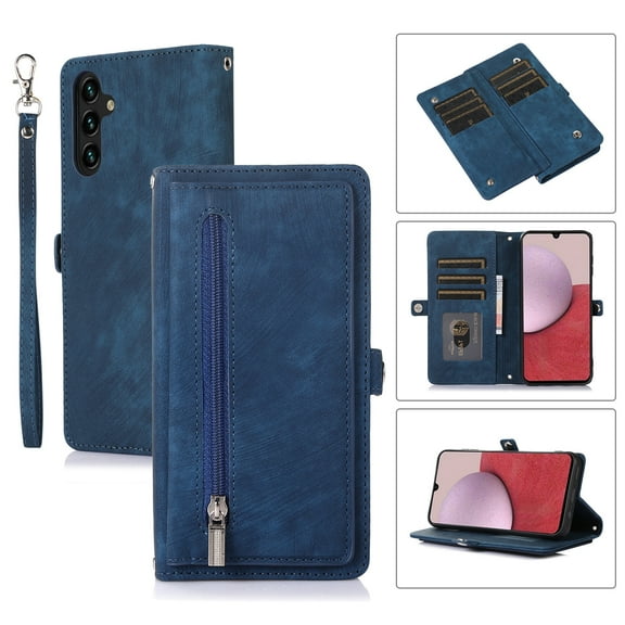 Crossbody For Samsung Galaxy A16 5G Wallet Case [Cards Theft Scan Protection] Card Holder Zipper PU Leather Flip Kickstand Cover Shoulder Strap & Short Wrist Strap Magnetic Phone Cover,Blue