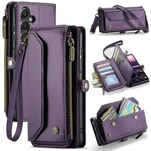 Crossbody for Samsung Galaxy A16 Case Wallet【RFID Blocking】with 10-Card Holder Zipper Bills Slot, Soft PU Leather Magnetic Shoulder Wrist Strap for Samsung Galaxy A16 Wallet Case Women