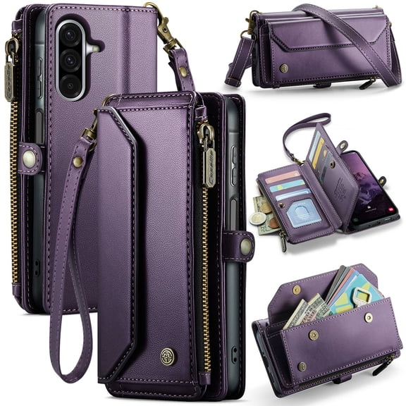 Crossbody for Samsung Galaxy A17 Case Wallet【RFID Blocking】with 10-Card Holder Zipper Bills Slot, Soft PU Leather Magnetic Shoulder Wrist Strap for Samsung Galaxy A17 Wallet Case Women