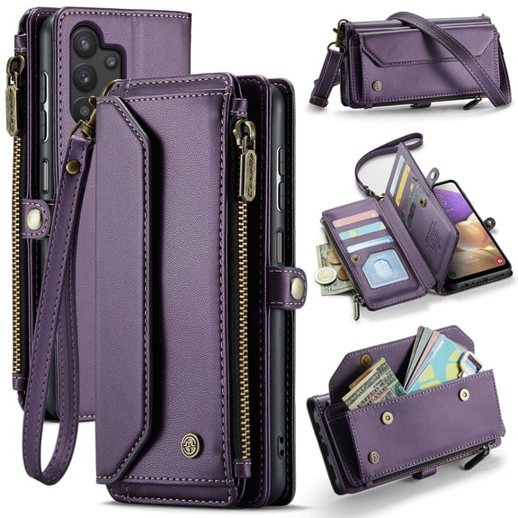 Crossbody for Samsung Galaxy A32 5G Case Wallet【RFID Blocking】with 10-Card Holder Zipper Bills Slot, Soft PU Leather Magnetic Shoulder Wrist Strap for Galaxy A32 5G Wallet Case Women