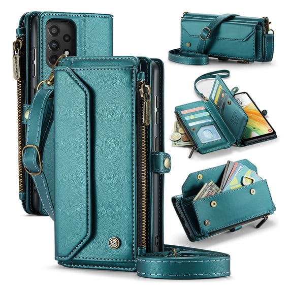 Crossbody for Samsung Galaxy A52 4G/5G Case Wallet【RFID Blocking】with 10-Card Holder Zipper Bills Slot, Soft PU Leather Magnetic Shoulder Wrist Strap for Galaxy A52 4G/5G Wallet Case Women, Green
