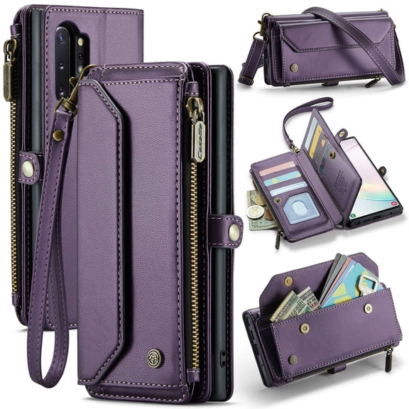 Crossbody for Samsung Galaxy Note 10 Plus Case Wallet【RFID Blocking】with 10-Card Holder Zipper Bills Slot, Soft PU Leather Magnetic Shoulder Wrist Strap for Galaxy Note 10 Plus Wallet Case Women