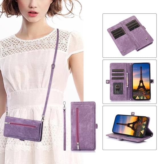 Crossbody For Samsung Galaxy Note 10 Wallet Case [Cards Theft Scan Protection] Card Holder Zipper PU Leather Flip Kickstand Cover Shoulder Strap & Short Wrist Strap Magnetic Phone Cover,Purple