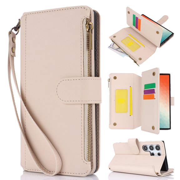 Crossbody for Samsung Galaxy Note 20 Case Wallet【RFID Blocking】with Card Slots Zipper Pocket, PU Leather Magnetic Flip Stand Wrist Strap Lanyard Wallet Case for Galaxy Note 20, White