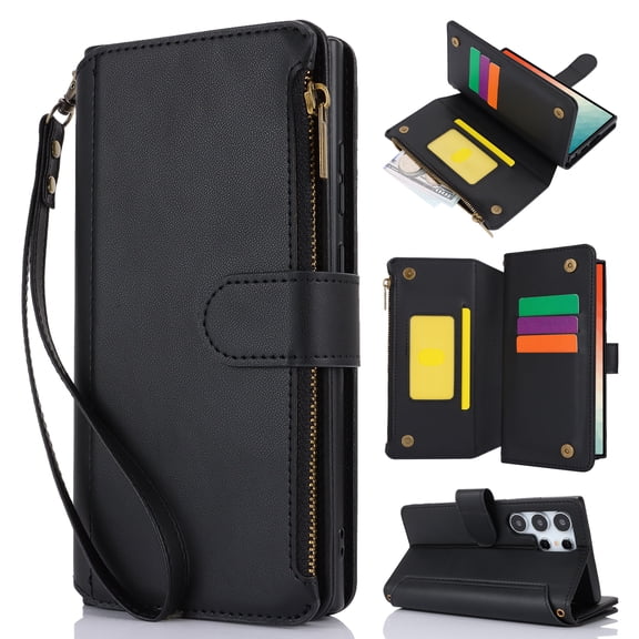Crossbody for Samsung Galaxy Note 20 Case Wallet【RFID Blocking】with Card Slots Zipper Pocket, PU Leather Magnetic Flip Stand Wrist Strap Lanyard Wallet Case for Galaxy Note 20, Black