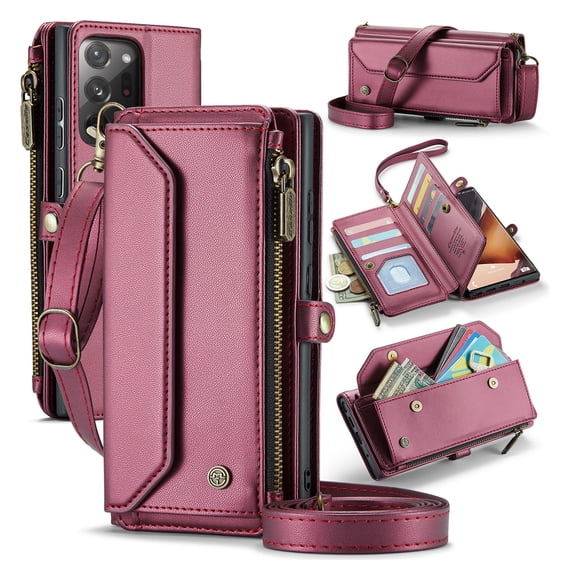 Crossbody for Samsung Galaxy Note 20 Ultra Case Wallet【RFID Blocking】with 10-Card Holder Zipper Bills Slot, Soft PU Leather Magnetic Shoulder Wrist Strap for Note 20 Ultra Wallet Case Women, Winered