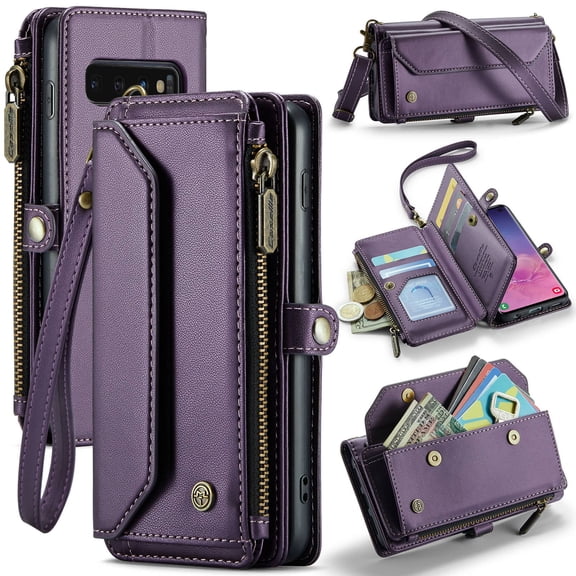 Crossbody for Samsung Galaxy S10 Case Wallet【RFID Blocking】with 10-Card Holder Zipper Bills Slot, Soft PU Leather Magnetic Shoulder Wrist Strap for Galaxy S10 Wallet Case Women