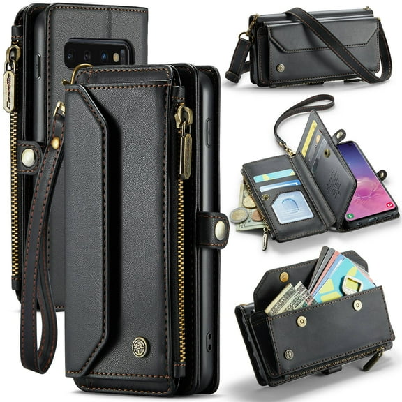 Crossbody for Samsung Galaxy S10 Case Wallet【RFID Blocking】with 7-Card Holder Zipper Bills Slot, Soft PU Leather Magnetic Shoulder Wrist Strap for Galaxy S10 Wallet Case Women
