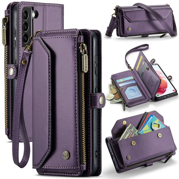 Crossbody for Samsung Galaxy S21 Case Wallet【RFID Blocking】with 7-Card Holder Zipper Bills Slot, Soft PU Leather Magnetic Shoulder Wrist Strap for Galaxy S21 Wallet Case Women