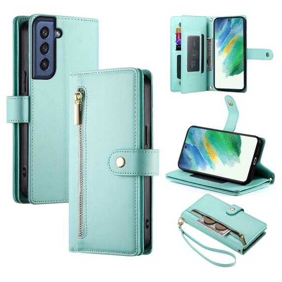 Crossbody for Samsung Galaxy S21 Plus Phone Case Wallet with Card Slots Zipper Pocket, PU Leather Magnetic Lanyard Wrist Strap Purse Cover with Flip Stand for Galaxy S21 Plus Women Girls, Mint