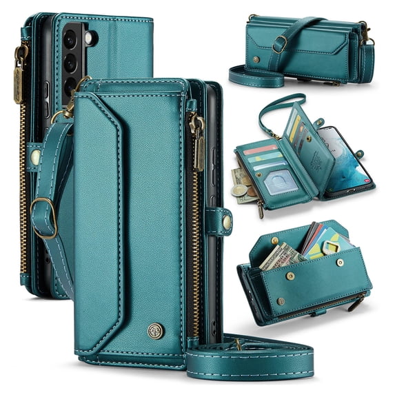 Crossbody for Samsung Galaxy S22 Case Wallet【RFID Blocking】with 10-Card Holder Zipper Bills Slot, Soft PU Leather Magnetic Shoulder Wrist Strap for Galaxy S22 Wallet Case Women, Green