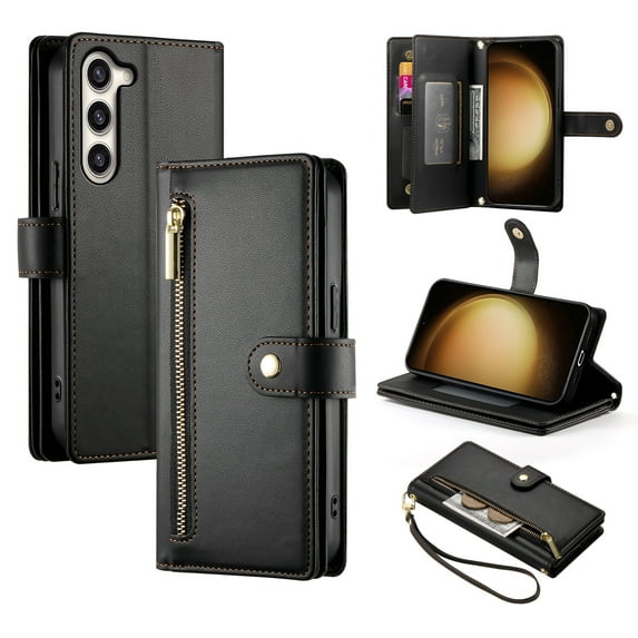 Crossbody for Samsung Galaxy S22 Phone Case Wallet with Card Slots Zipper Pocket, PU Leather Magnetic Lanyard Wrist Strap Purse Cover with Flip Stand for Samsung Galaxy S22 Women Girls, Black