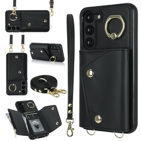 Crossbody for Samsung Galaxy S22 Phone Case for Women, Wallet Case with Credit Card Holder Shoulder Strap & Wrist Lanyard Shockproof Purse Back Flip 360 Ring Holder Kickstand Case,Black