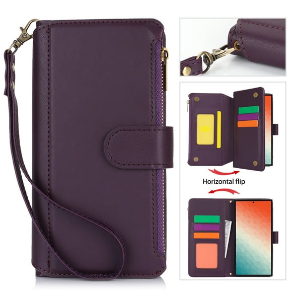Crossbody for Samsung Galaxy S22 Ultra Case Wallet【RFID Blocking】with Card Slots Zipper Pocket, PU Leather Magnetic Flip Stand Wrist Strap Lanyard Wallet Case for Galaxy S22 Ultra, Purple