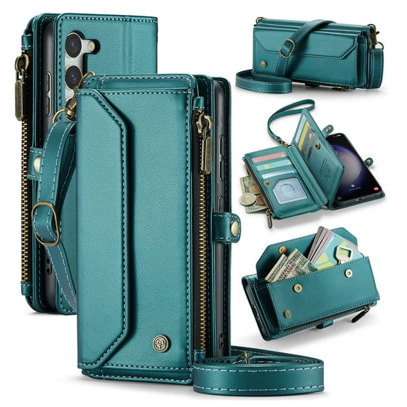 Crossbody for Samsung Galaxy S23 Case Wallet【RFID Blocking】with 10-Card Holder Zipper Bills Slot, Soft PU Leather Magnetic Shoulder Wrist Strap for Galaxy S23 Wallet Case Women, Green