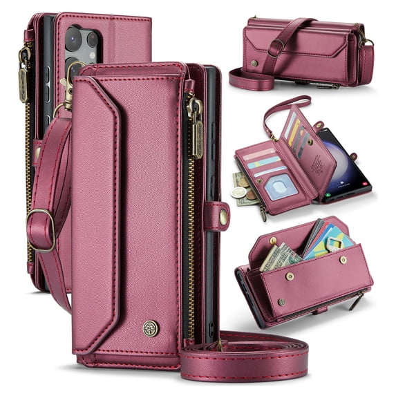Crossbody for Samsung Galaxy S23 Ultra Case Wallet【RFID Blocking】with 10-Card Holder Zipper Bills Slot, Soft PU Leather Magnetic Shoulder Wrist Strap for Galaxy S23 Ultra Wallet Case Women, Winered