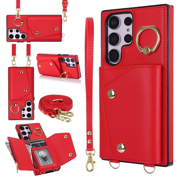Crossbody for Samsung Galaxy S23 Ultra Phone Case for Women, Wallet Case with Credit Card Holder Shoulder Strap & Wrist Lanyard Shockproof Purse Back Flip 360 Ring Holder Kickstand Case,Red
