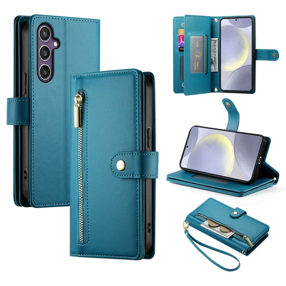 Crossbody for Samsung Galaxy S24 FE Phone Case Wallet with Card Slots Zipper Pocket, PU Leather Magnetic Lanyard Wrist Strap Purse Cover with Flip Stand for Samsung Galaxy S24 FE Women Girls, Blue
