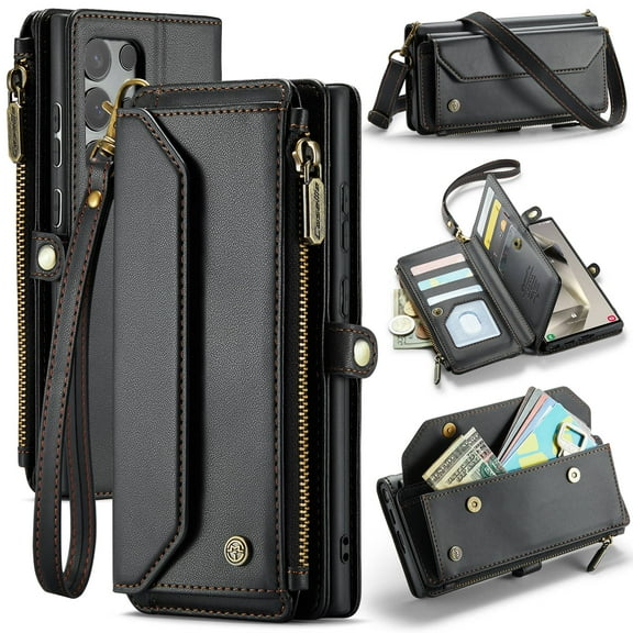 Crossbody for Samsung Galaxy S24 Ultra Case Wallet【RFID Blocking】with 10-Card Holder Zipper Bills Slot, Soft PU Leather Magnetic Shoulder Wrist Strap for Samsung Galaxy S24 Ultra Wallet Case Women