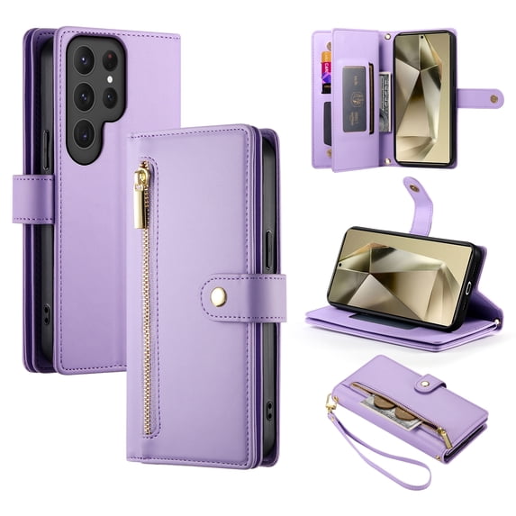 Crossbody for Samsung Galaxy S24 Ultra Phone Case Wallet with Card Slots Zipper Pocket, PU Leather Magnetic Lanyard Wrist Strap Purse Cover with Flip Stand for Galaxy S24 Ultra Women Girls, Purple