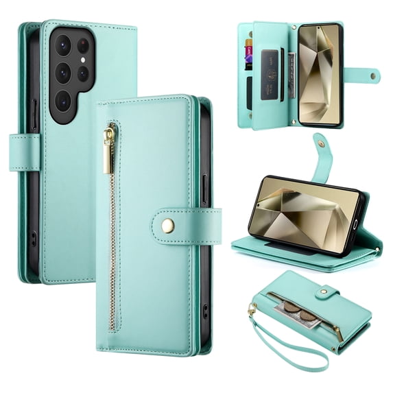 Crossbody for Samsung Galaxy S24 Ultra Phone Case Wallet with Card Slots Zipper Pocket, PU Leather Magnetic Lanyard Wrist Strap Purse Cover with Flip Stand for Galaxy S24 Ultra Women Girls, Mint