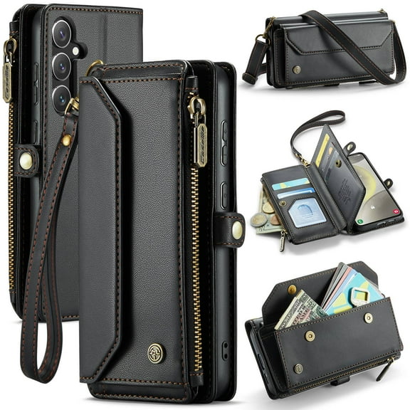 Crossbody for Samsung Galaxy S25 Case Wallet【RFID Blocking】with 7-Card Holder Zipper Bills Slot, Soft PU Leather Magnetic Shoulder Wrist Strap for Samsung Galaxy S25 Wallet Case Women
