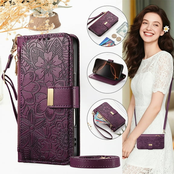 Crossbody For Samsung Galaxy S25 FE Wallet Case with RFID Blocking Card Holder,Magnetic Clasp Premium PU Leather Flip Kickstand Zipper Slot Handbag Women Shoulder/Wrist Strap Phone Case,Purple