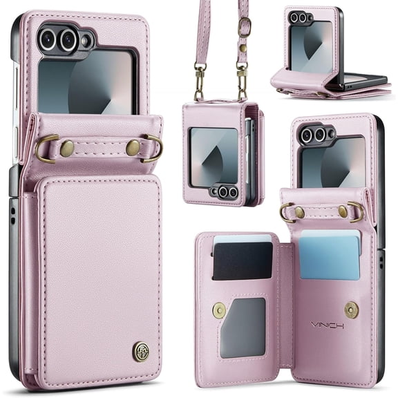 Crossbody for Samsung Galaxy Z Flip 6 Case with RFID Blocking Card Holder, Durable Leather Strap Wristlet Flip Wallet Phone Case for Galaxy Z Flip 6, Rose Gold